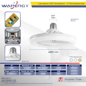 LAMPARA LED VENTILADOR LUZ TRES TEMPERATURAS ARCO BLANCO