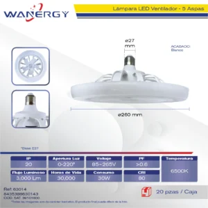 LAMPARA LED VENTILADOR DE 5 ASPAS :260MM E27