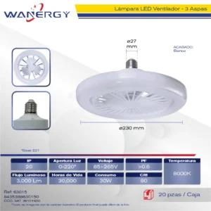 LAMPARA LED VENTILADOR DE 3 ASPAS :230MM E27