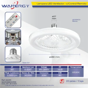 LAMPARA LED VENTILADOR CON CONTROL REMOTE 5 ASPAS E27