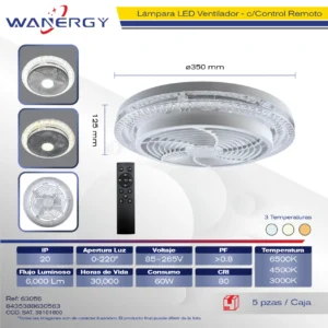 LAMPARA LED VENTILADOR OSCILATORIO 3 TEMPERATURAS CON CONTROL REMOTE 7 ASPAS E27