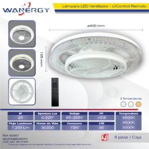 LAMPARA LED VENTILADOR OSCILATORIO 3 TEMPERATURAS CON CONTROL REMOTE 7 ASPAS E27