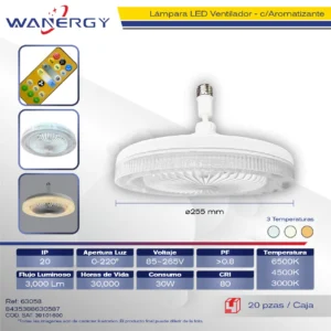 LAMPARA LED VENTILADOR DIRIGIBLE 3 TEMPERATURAS CON CONTROL REMOTE CUBIERTA TRANSPARENTE CON AROMATIZANTE 5 ASPAS E27
