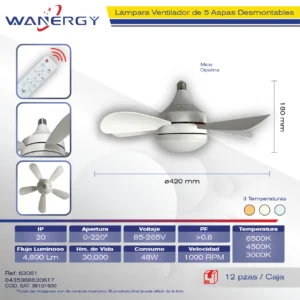 LAMPARA VENTILADOR 5 ASPAS BLANCAS DESMONTABLES CON CONTROL REMOTE MICA OPALINA
