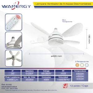 LAMPARA VENTILADOR 5 ASPAS BLANCAS CON CONTROL REMOTE MICA TRANSPARENTE ASPAS DESMONTABLES