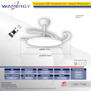 LAMPARA LED VENTILADOR 42" 4 ASPAS RETRACTILES C/CONTROL TEMOTO BLANCO