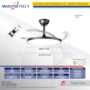LAMPARA LED VENTILADOR 42" 4 ASPAS RETRACTILES C/CONTROL TEMOTO NEGRO
