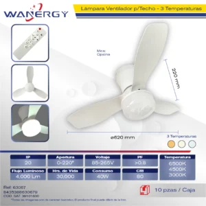 VENTILADOR TECHO 3 ASPAS LAMPARA MODERA 2 EN 1 LUZ 3 TEMPERATURAS 6 VELOCIDADES LUZ DIMEABLE C/TEMPORIZADOR C/CONTROL 3