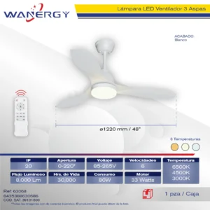 VENTILADOR TECHO 3 ASPAS LAMPARA MODERA 2 EN 1 LUZ 3 TEMPERATURAS 6 VELOCIDADES LUZ DIMEABLE C/TEMPORIZADOR C/CONTROL 48 3 2503ABS