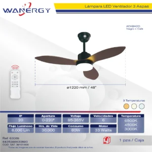 VENTILADOR TECHO 3 ASPAS LAMPARA MODERA 2 EN 1 LUZ 3 TEMPERATURAS 6 VELOCIDADES LUZ DIMEABLE C/TEMPORIZADOR C/CONTROL 48 3 2501ABS