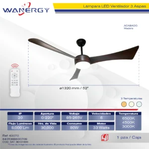 VENTILADOR TECHO 3 ASPAS LAMPARA MODERA 2 EN 1 LUZ 3 TEMPERATURAS 6 VELOCIDADES LUZ DIMEABLE C/TEMPORIZADOR C/CONTROL 52 3 2505ABS