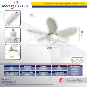 LAMPARA VENTILADOR 6 ASPAS BLANCAS CON CONTROL REMOTE MICA OPALINA ASPAS DESMONTABLES LED 520