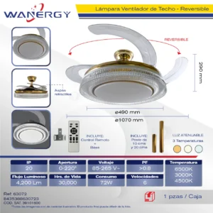 LAMPARA LED VENTILADOR 42" 4 ASPAS RETRACTILES C/CONTROL TEMOTO ORO ROSA LED4 30W 30W*2