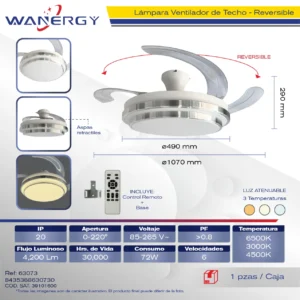 LAMPARA LED VENTILADOR 42" 4 ASPAS RETRACTILES C/CONTROL TEMOTO BLANCO Y PLATEADO LED4 ( ) 30W 30W*2 +