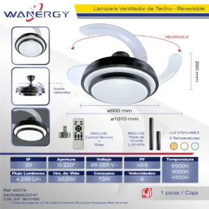 LAMPARA LED VENTILADOR 42" 4 ASPAS RETRACTILES C/CONTROL TEMOTO NEGRO LED4 30W 30W*2