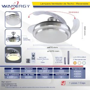 LAMPARA LED VENTILADOR 42" 4 ASPAS RETRACTILES C/CONTROL TEMOTO PLATEADO LED 4 30W 2*36W