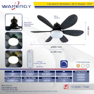 LAMPARA VENTILADOR 6 ASPAS NEGRA DESMONTABLES CON CONTROL REMOTE MICA OPALINA LED 520 2835 2B14C*2 20W 80LM/W