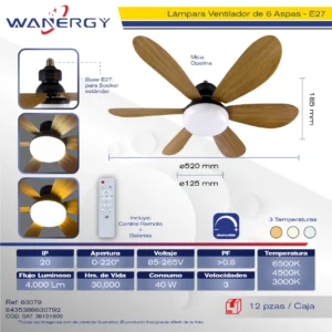 LAMPARA VENTILADOR 6 ASPAS MADERA DESMONTABLES CON CONTROL REMOTE MICA OPALINA LED 520 2835 2B14C*2 20W 80LM/W