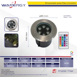 LAMPARA SUMERGIBLE EMPOTRADO SATINADO 6W RGB C/CONTROL