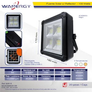 FUENTE SOLAR RECARGABLE C/REFRECTOR LUZ DIMEABLE TRES TEMPERATURAS Y SIRENA C/BATERIA DE LITIO C/CABLE DE MULTICONEXION