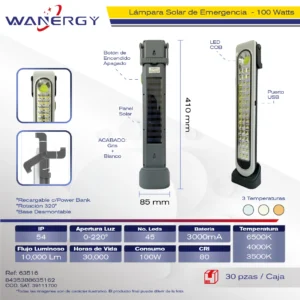 LAMPARA SOLAR DE EMERGENCIA RECARGABLE C/POWER BANK LED5050 TRES TEMPERATURAS 100W