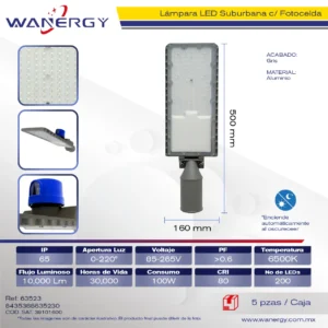 SUBURBANA LED FUNDICION DE ALUMINIO GRIS C/FOTO CELDA 100W