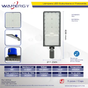 SUBURBANA LED FUNDICION DE ALUMINIO GRIS C/FOTO CELDA 150W