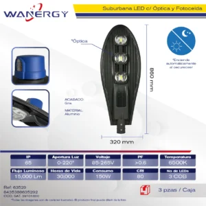 SUBURBANA LED OPTICA PC FUNDICION DE ALUMINIO GRIS C/FOTO CELDA 150W