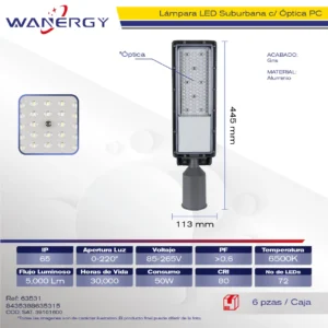 SUBURBANA LED OPTICA PC FUNDICION DE ALUMINIO GRIS 50W