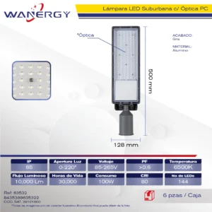 SUBURBANA LED OPTICA PC FUNDICION DE ALUMINIO GRIS 100W