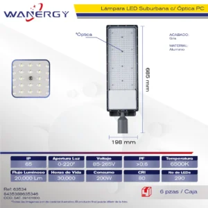 SUBURBANA LED OPTICA PC FUNDICION DE ALUMINIO GRIS 200W