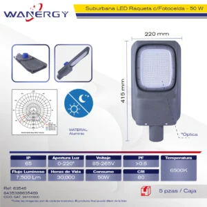 SUBURBANA RAQUETA LED FUNDICION DE ALUMINIO C/FOTO CELDA 50W