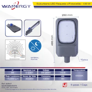 SUBURBANA RAQUETA LED FUNDICION DE ALUMINIO C/FOTO CELDA 100W