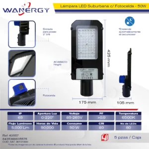 SUBURBANA LED OPTICA PC FUNDICION 50W C/FOTO CELDA 50W + RA≥70,PF>0.9, LM≥5000lm
