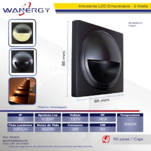 ARBOTANTE LED EMPOTRABLE 2W ESCALERAA MUROS PAREDES ABS NEGRO