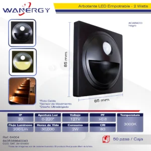 ARBOTANTE LED EMPOTRABLE 2W ESCALERAA MUROS PAREDES SENSOR MOVIMIENTO Y FOTOCELDA ABS NEGRO