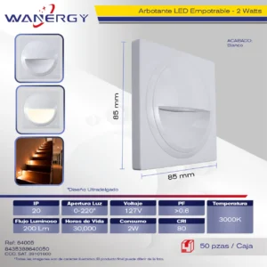 ARBOTANTE LED EMPOTRABLE 2W ESCALERAA MUROS PAREDES ABS BLANCO
