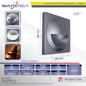 ARBOTANTE LED EMPOTRABLE 2W ESCALERAA MUROS PAREDES ABS PLATEADO
