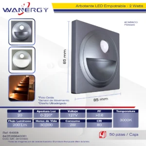 ARBOTANTE LED EMPOTRABLE 2W ESCALERAA MUROS PAREDES SENSOR MOVIMIENTO Y FOTOCELDA ABS PLATEADO