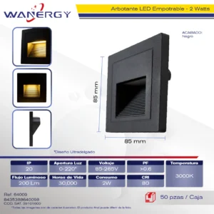 ARBOTANTE LED EMPOTRABLE 2W ESCALERAA MUROS PAREDES ABS NEGRO
