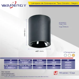 LAMPARA LED DE SOBREPONER TIPO SILINDRO 15W NEGRO