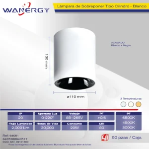 LAMPARA LED DE SOBREPONER TIPO SILINDRO 20W BLANCO