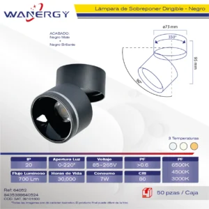 LAMPARA LED DE SOBREPONER DIRIGIBLE TIPO SILINDRO 7W NEGRO