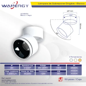LAMPARA LED DE SOBREPONER DIRIGIBLE TIPO SILINDRO 12W BLANCO