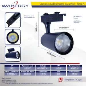 LAMPARA LED RIEL TECHO DIRIGIBLE NEGRO 15W