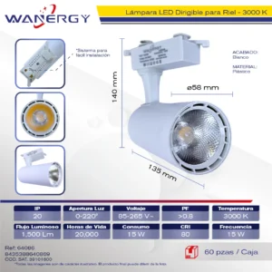 LAMPARA LED RIEL TECHO DIRIGIBLE BLANCO 15W