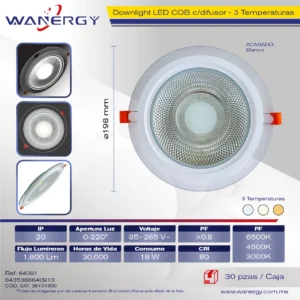 EMPOTRADO LED COB TRES TEMPERATURA CRISTAL 18W 6 COB 18W