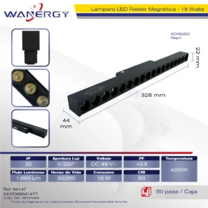 LAMPARA LED RASTER MAGNETICA DIRIGIBLE 18LED 18W DC48V 18 90