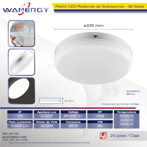 PANEL REDONDO SOBREPONER ASPIRINA TRES TEMPERATURAS 36W 36W 2835-360D