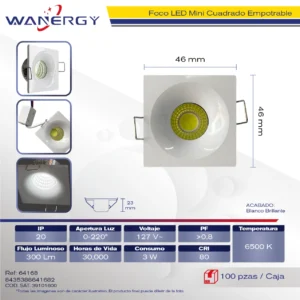 EMPOTRADO ALUMINIO CUADRADO NEGRO LED 6500K 3W 85-265V